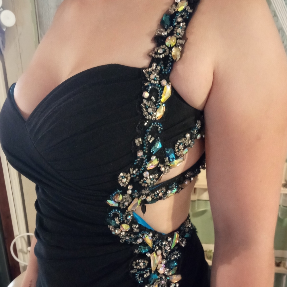 Women's Black & Royal Blue Beaded Jaoy Couture Floor Length Dress - Picture 6 of 16